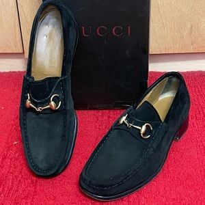Authentic Men Gucci Black Suede Loafers Gold Horsebit Men 7